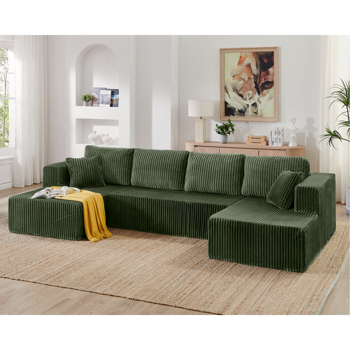 U shape Modular Sectional Sofa, Compressed Sectional Sofa Modern Minimalist Style Corduroy Couch, Sleeper Sofa for Living Room, Bedroom, Comfy Compressed Sofa Couch Space-Efficient Design-green
