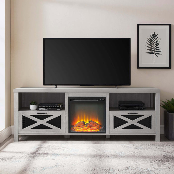 Industrial Farmhouse Metal Mesh Drop-Down X-Door 70' Fireplace TV Stand for 80' TVs - Stone Grey