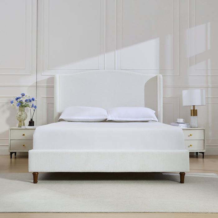 Hannah Upholstered Wingback Bed Size King / Tall 54' Headboard Upholstered King Bed / Premium Cream White Chenille / Minimalist Designs / No Box Spring Needed / Easy Assembly / King