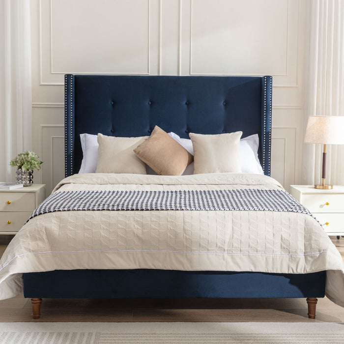 Peyton Upholstered Queen Bed / 54' High Headboard / Traditional Hand Buttoned Tufting / Nailhead Trim Wingback / No Box Spring Needed / Easy Assembly / Blue Velvet