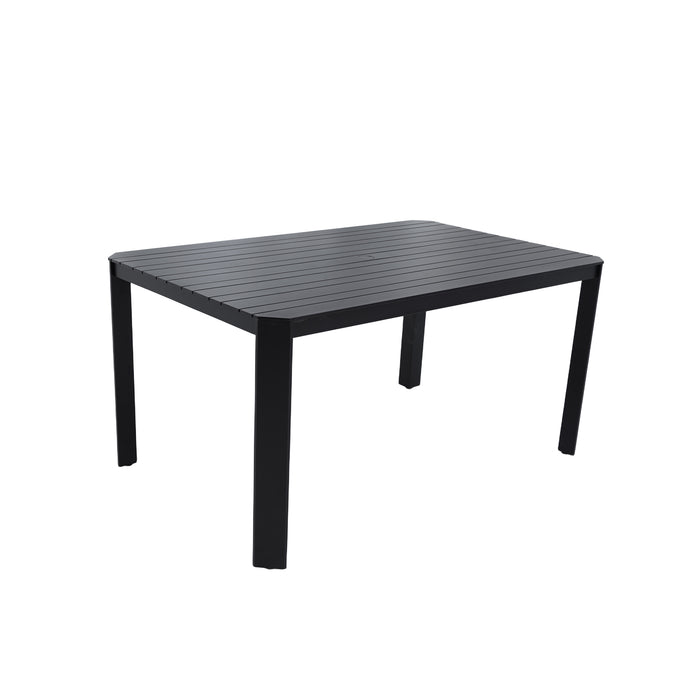 Modern Outdoor Aluminum Table with Alternating Wide and Narrow Slats, Angled Corners, 2' Big Umbrella Hole, and Adjustable Non-Slip Pads, Bourbon Brown