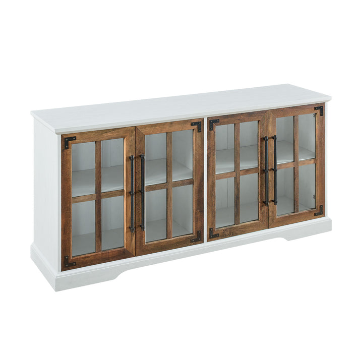 Modern Farmhouse Two-Tone Windowpane Glass-Door TV Stand for TVs up to 65' - Brushed White / Rustic Oak