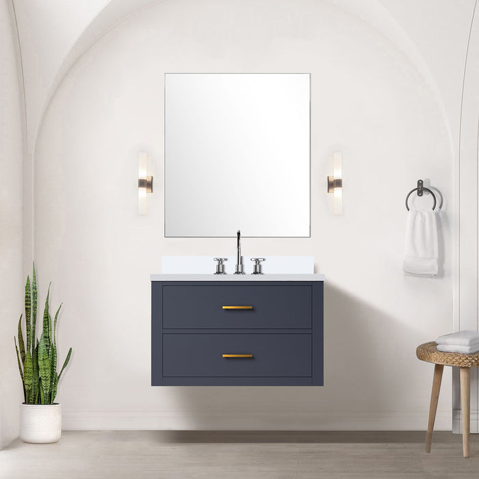 Blue Single Bath Vanity 30 in. W x 22 in. D, White Quartz Countertop, 28 in. Mirror and Faucet Set
