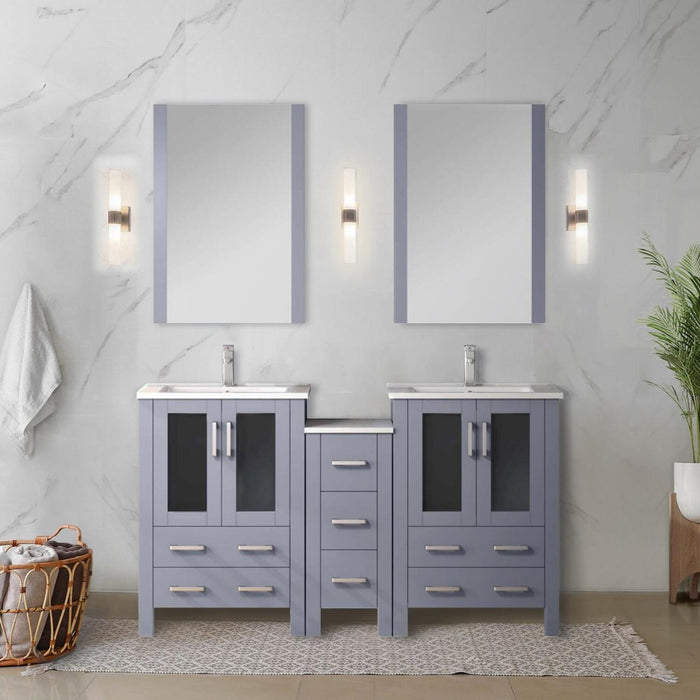 Dark Grey Double Bath Vanity 60 in. W x 18.25 in. D, with Side Cabinet, Faucet Set, White Ceramic Top, and 22 in. Mirrors