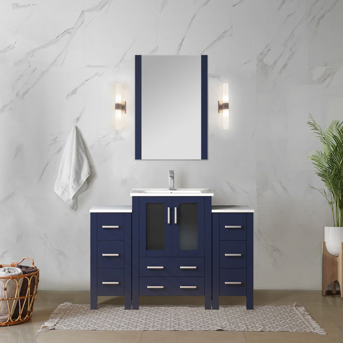 Navy Blue Single Bath Vanity 48 in. W x 18.25 in. D, with Side Cabinets, White Ceramic Top, and Faucet Set
