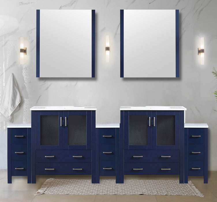 Navy Blue Double Bath Vanity 96 in. W x 18.25 in. D, with Side Cabinets, and White Ceramic Top