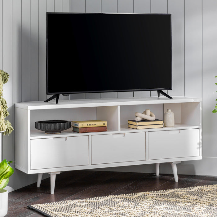 Mid-Century Modern Minimalist 3-Drawer Corner TV Stand for TVs up to 58 - White