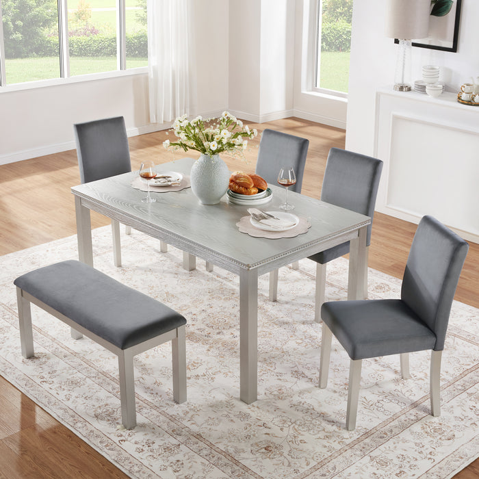 6 Piece Wooden Dining Table Set, Wooden Dining Table with 4 Upholstered Chairs and Bench for 6 People, Rectangular Dining Table Set with Crystal Decoration for Kitchen, Dining Room, Silver grey