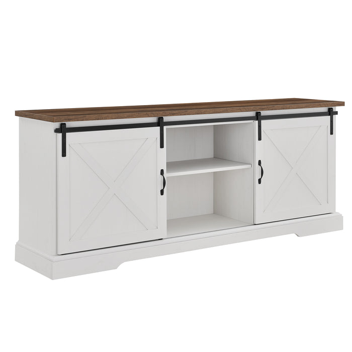 Farmhouse Sliding X Barn Door 70' TV Stand for 80' TVs - Rustic Oak/Brushed White