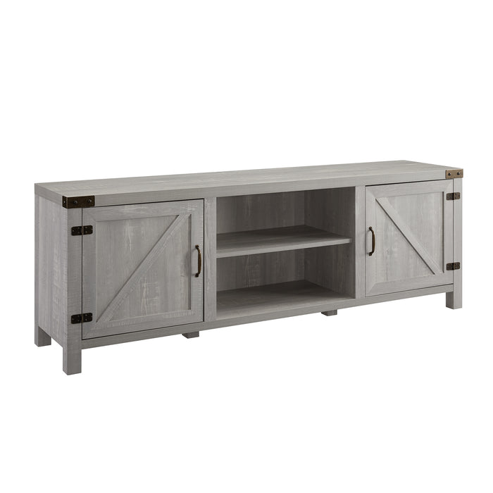 Rustic Farmhouse Double Barn Door 70' TV Stand for 80' TVs with Center Shelves - Stone Grey