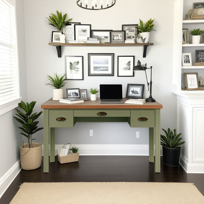 Toby 53 inch Writing Desk, No Assembly Required, Sage Green and Fruitwood Finish
