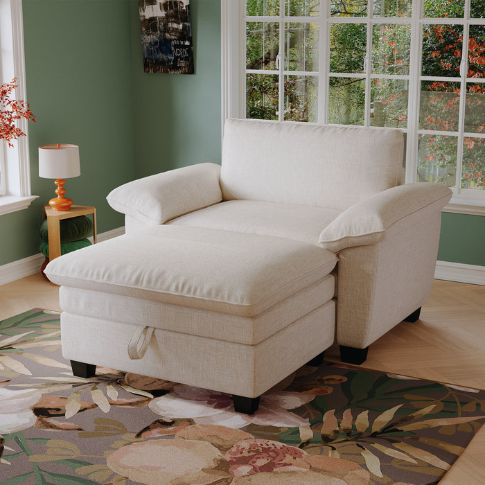 51' Oversize Chaise Lounge Chair with Ottoman and Storage  Upholstered Soft Chenille Beige