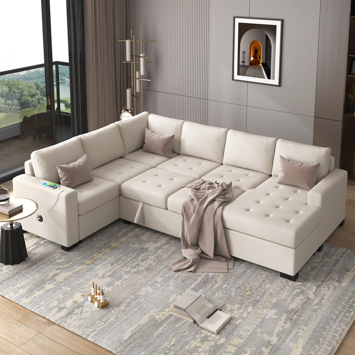 U_Style Beige Sleeper Sectional with USB and Type-C ports