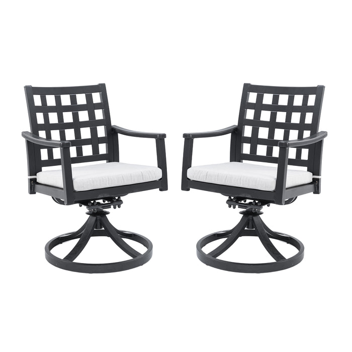 Modern Classic - 2-Piece Outdoor Dining Swivel Rockers with Sunbrella Cushion, Lattice Design, Ember Black Finish, Weather-Resistant Aluminum Frame