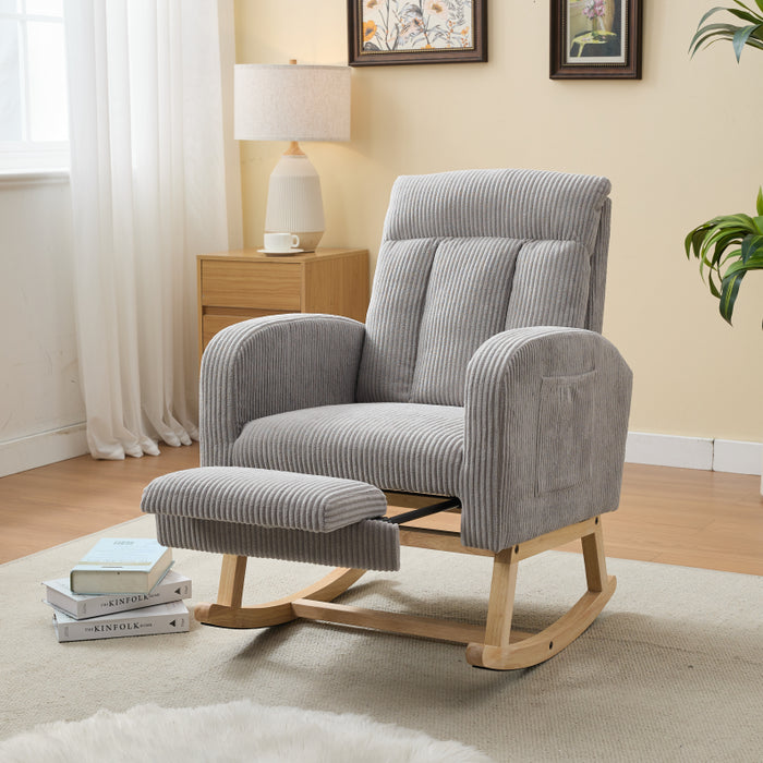 Modern Accent Rocking Chair Rocking Chair with Solid Wood Legs, Upholstered Nursery Glider Rocker, Comfy Armchair with Side Pocket, Living Room Lounge Arm Chair with High Backrest stripe velevt