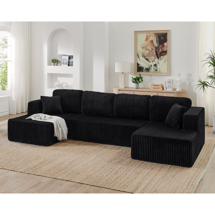 U shape Modular Sectional Sofa, Compressed Sectional Sofa Modern Minimalist Style Corduroy Couch, Sleeper Sofa for Living Room, Bedroom, Comfy Compressed Sofa Couch Space-Efficient Design-black