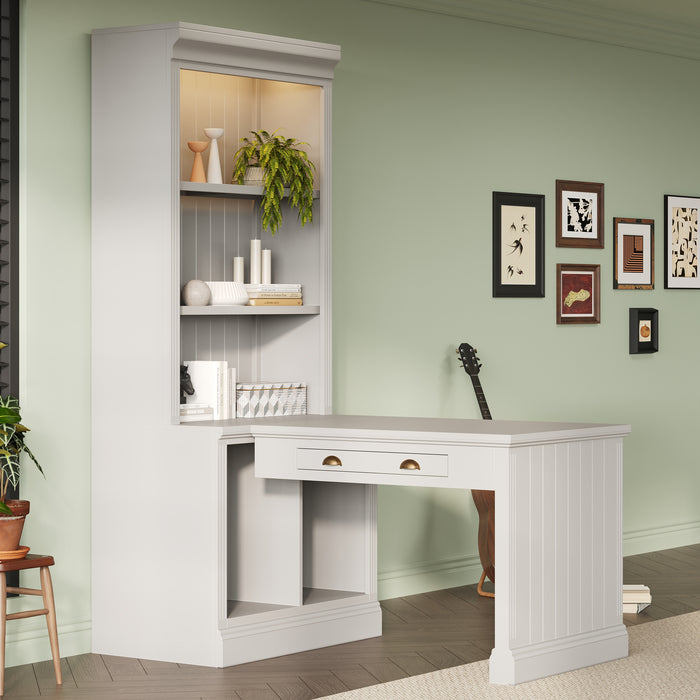 83.4'Tall Bookshelf with Writing Desk, Modern Bookcase with Study Desk, Workstation with Storage Shelf,Storage Bookcase with Open Shelves and LED Lighting for Living Room,Home Office,White