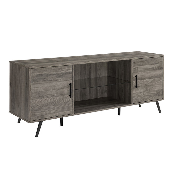 Mid-Century Modern 2-Door 60' TV Stand for 65' TVs with Glass Shelf - Slate Grey