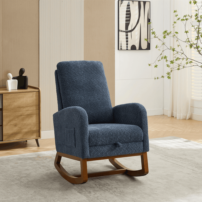 25.4'W Rocking Chair for Nursery, High Back Glider Chair with Retractable Footrest, Side Pocket, Rocking Accent Armchair with Rubber Wood Legs for Living Room/Bedroom.Navy
