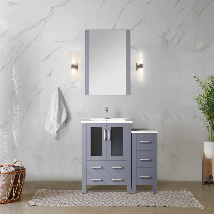 Dark Grey Single Bath Vanity 36 in. W x 18.25 in. D, with Side Cabinet, White Ceramic Top, and Faucet Set