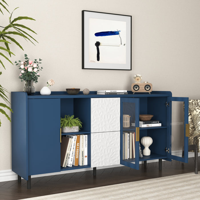 Modern Kitchen Pantry Storage Cabinet , 55' Coffee Bar Storage Cabinet with 2 Drawers, 2 Open Storage Compartment & 2 Glass Doors, Wood Buffet Table for Kitchen, Living Room, Blue
