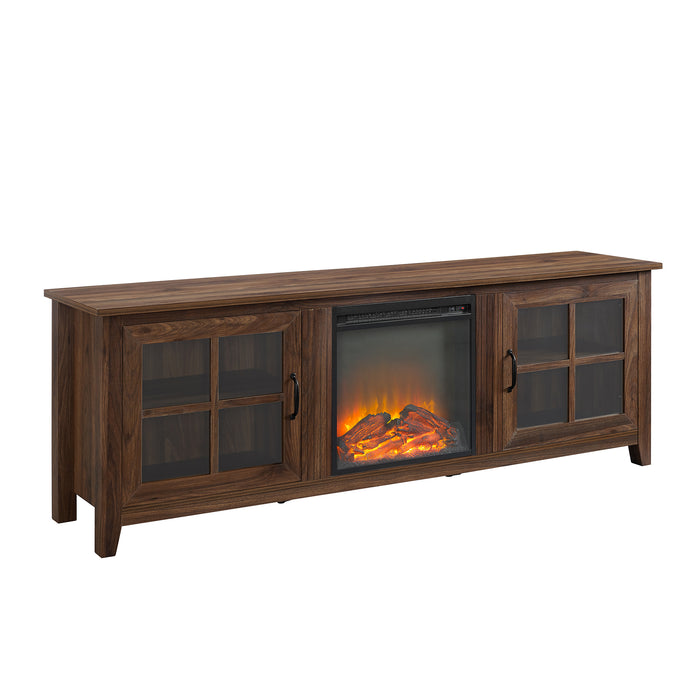 Modern Farmhouse 2-Door Glass Windowpane 70' Fireplace TV Stand for 80' TVs - Dark Walnut