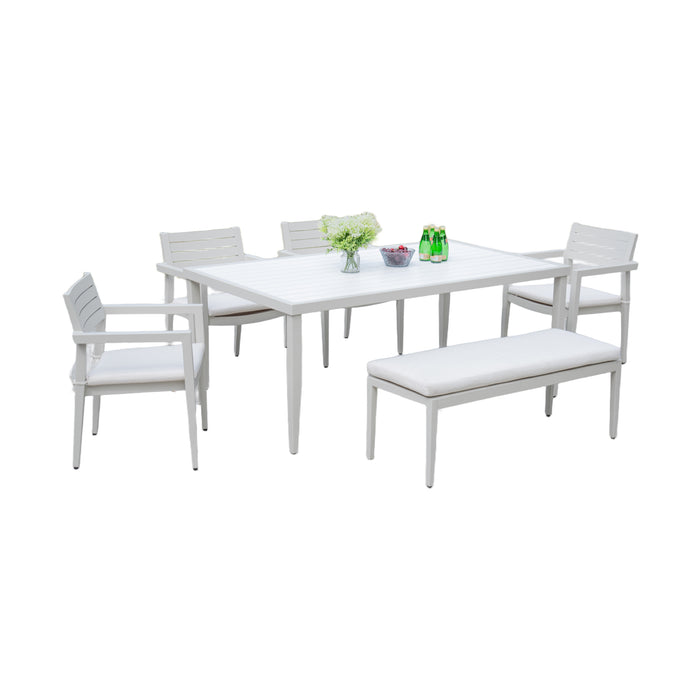 6PC Patio Aluminum Furniture, Modern Dining Set, including 4 Dining Chairs & 1 Dining Bench Sunbrella Fabric Cushioned and Two-tone Table Top Rectangle Table with Umbrella Hole, Matte White & Grayish