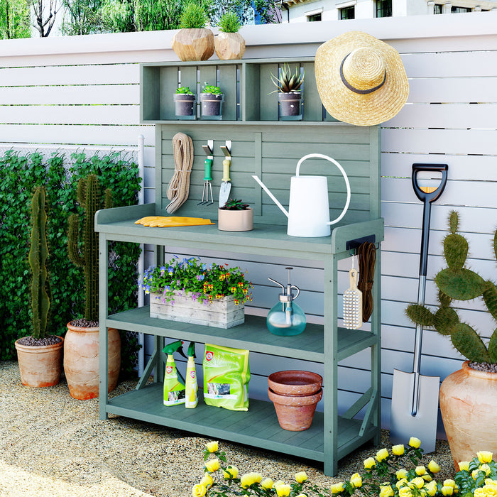 TOPMAX 65' Large Wooden Farmhouse Rustic Outdoor Potting Bench Table, Patio Workstation, Garden Potting Bench with 4 Storage Shelves and Side Hook,Green