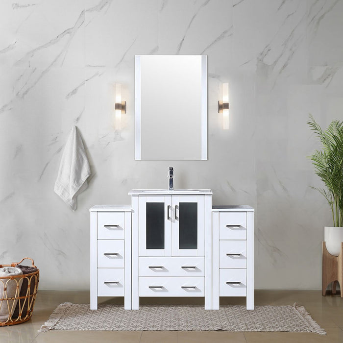 White Single Bath Vanity 48 in. W x 18.25 in. D, with Side Cabinets, White Ceramic Top, and Faucet Set