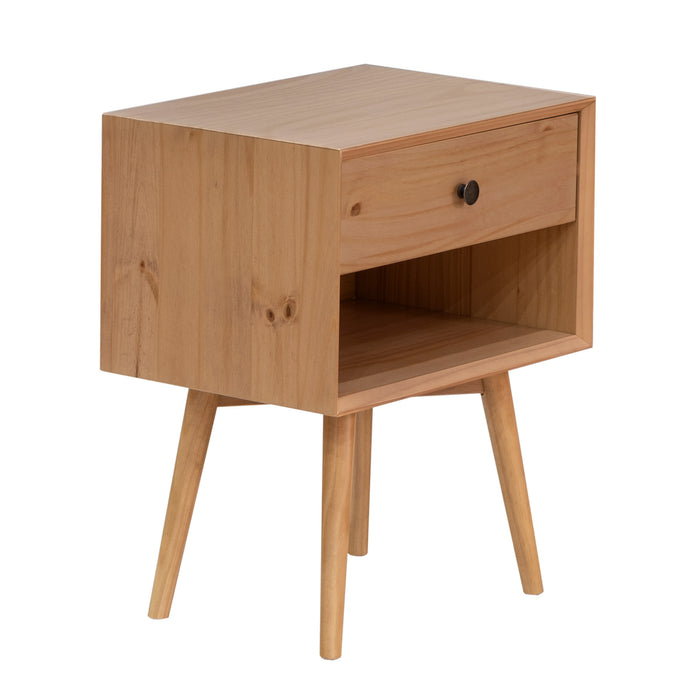 Mid-Century Solid Wood 1-Drawer Nightstand – Natural Pine