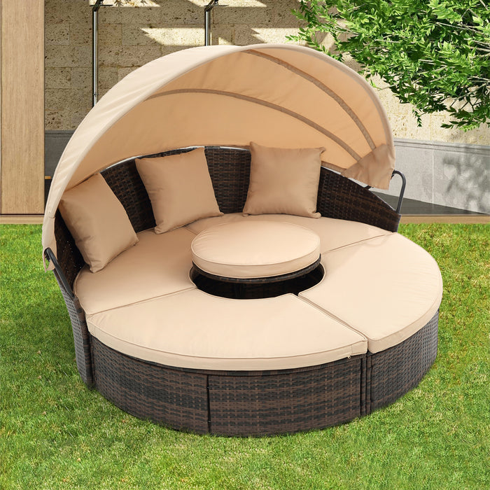 Rattan Round Lounge With Canopy Bali Canopy Bed Outdoor, Wicker Outdoor Sofa Bed with lift coffee table