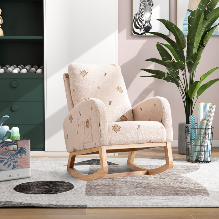 26.8'W Modern Rocking Chair for Nursery, Mid Century Accent Rocker Armchair With Side Pocket, Upholstered High Back Wooden Rocking Chair for Living Room Baby Kids Room Bedroom, Beige Boucle