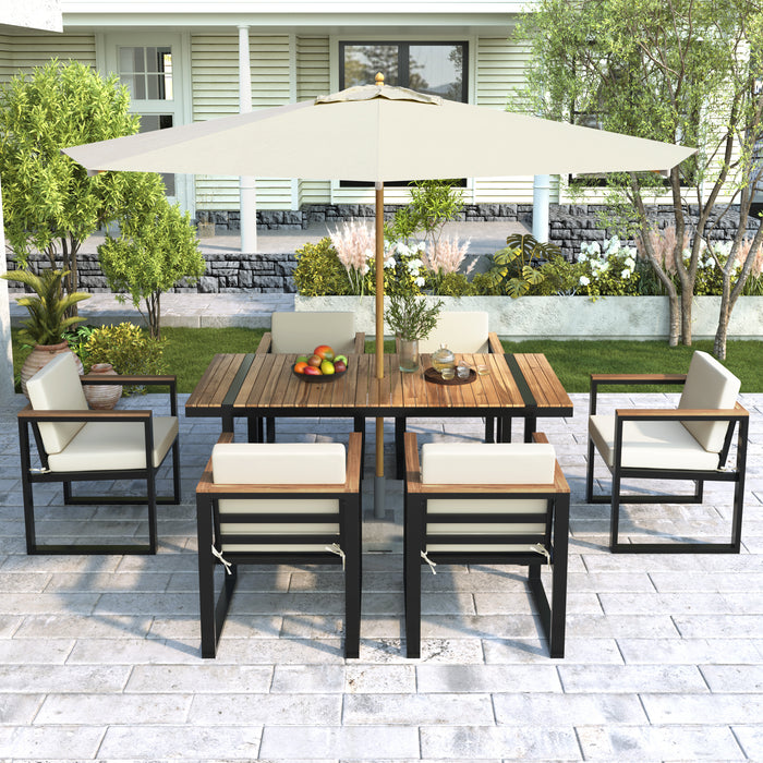7 Pieces Outdoor Dining Set Patio Dining Table and Chair Set with and Removable Cushions for Patio, Backyard, Garden, Beige