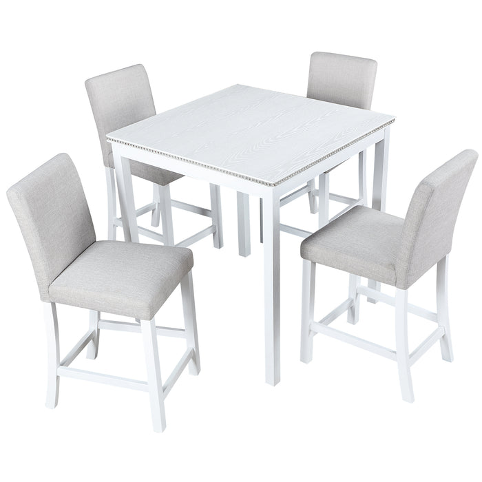 5 Piece Counter Height Table Set, Wooden Kitchen Table Set with Square Table and 4 Upholstered Chairs, Counter Height Dining Table with Crystal Decoration and Chair Set for Kitchen, Dining Room, White
