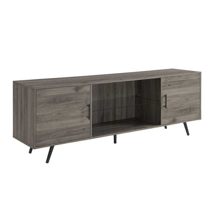 Mid-Century Modern 2-Door 70' TV Stand for 80' TVs with Glass Shelf - Slate Grey