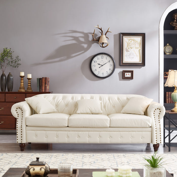 85.8' Living Room Chesterfield Sofa Classic Tufted Design Faux Leather PU Upholstered Sofa with Storage (Ivory)