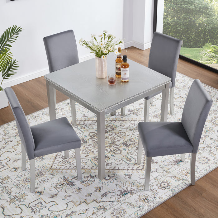 5 Piece Wooden Dining Table Set, Kitchen Table Set with a Square Table and 4 Upholstered Chairs, Wooden Dining Room Table with Crystal Decoration and Chairs Set for Kitchen, Dining Room, Silver grey