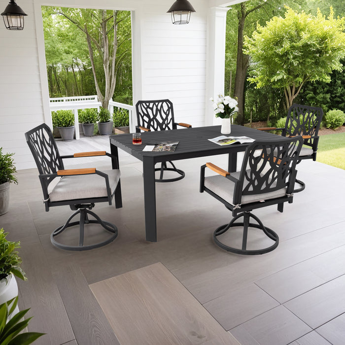 5-PC Outdoor Patio Aluminum Furniture Set, Modern Dining Set with 4 Swivel Rockers Sunbrella Fabric Cushioned, Nature-Inspired Branch-Like Backrest, Rectangular Table with Umbrella Hole,Bourbon Brown