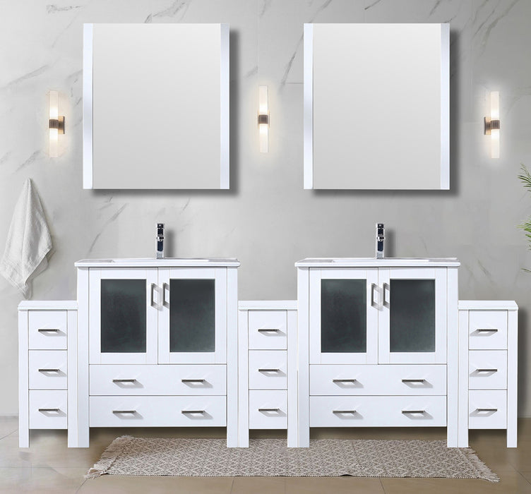 White Double Bath Vanity 96 in. W x 18.25 in. D, with Side Cabinets, White Ceramic Top, 28 in. Mirrors, and Faucet Set