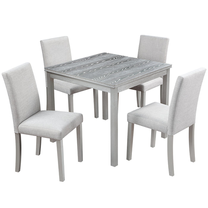 5 Piece Wooden Dining Table Set, Kitchen Table Set with a Square Table and 4 Upholstered Chairs, Wooden Dining Room Table with Crystal Decoration and Chairs Set for Kitchen, Dining Room, Silver Grey
