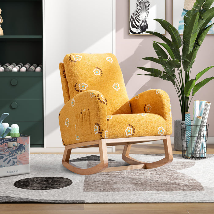 26.8'W Modern Rocking Chair for Nursery, Mid Century Accent Rocker Armchair With Side Pocket, Upholstered High Back Wooden Rocking Chair for Living Room Baby Kids Room Bedroom, Mustard Boucle