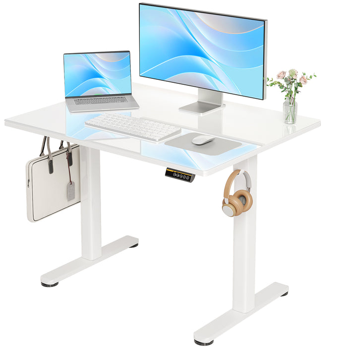 40 Inch White Electric  Adjustable  Glass Standing Desk, Quick Install Home Office Computer Desk