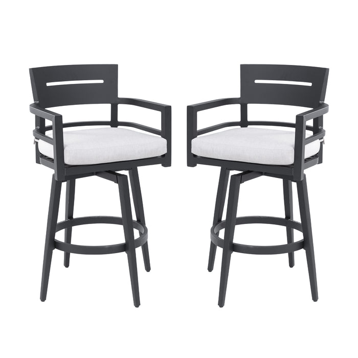 Modern Outdoor Swivel Bar Chairs Set of 2, 360 Degree Rotation, Aluminum Frame in Ember Black, with Ergonomic Backrest, Armrests & Sunbrella Cushions, Weather-Resistant