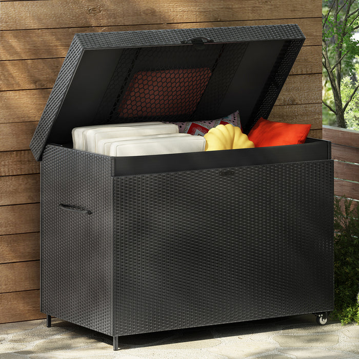 K&K 230 Gallon Wicker Deck Box with Wheels, All-Weather Outdoor Storage Box, Rattan Storage Bin for Patio Furniture, Outdoor Cushions, Pool Storage and Garden Tools - Black
