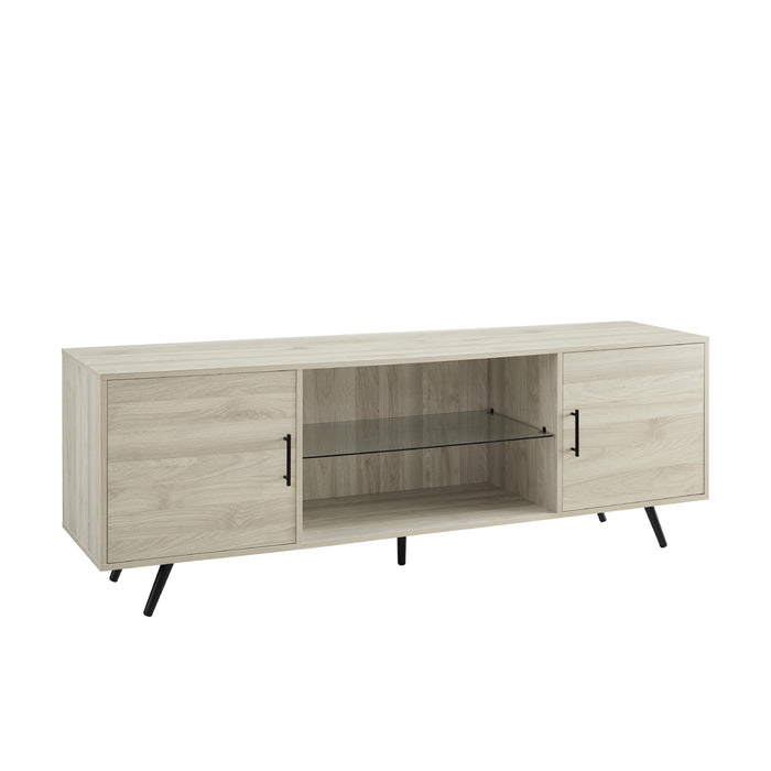 Mid-Century Modern 2-Door 70' TV Stand for 80' TVs with Glass Shelf - Birch