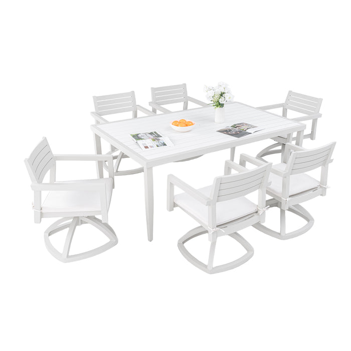 Modern 7PC Patio Aluminum Furniture Dining Set with Swivel Rockers, Sunbrella Cushions, Two-Tone Table, Matte White+Grayish