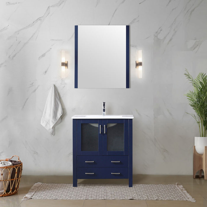 Navy Blue Bath Vanity 30 in. W x 18.25 in. D, White Ceramic Top, Faucet Set, and 28 in. Mirror