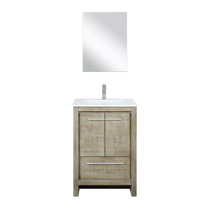 Rustic Acacia Bath Vanity 24 in. W x 20 in. D, White Quartz Top, Brushed Nickel Faucet Set and 18 in. Mirror