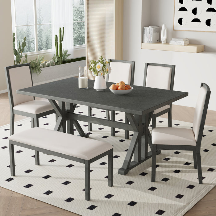 TOPMAX Farmhouse Classical 6-Piece Dining Table Set with Trestle Legs,Kitchen Table Set for 6 with 4 Upholstered Dining Chairs and Bench, Grey