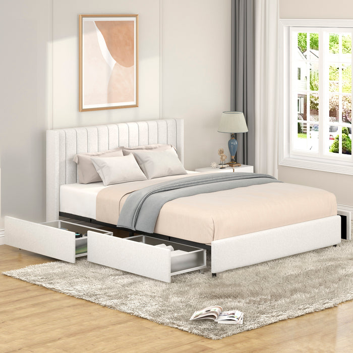 Anda Queen Size Ivory Boucle Upholstered Platform Bed with Patented 4 Drawers Storage, Tufted Headboard, Wooden Slat Mattress Support, No Box Spring Needed